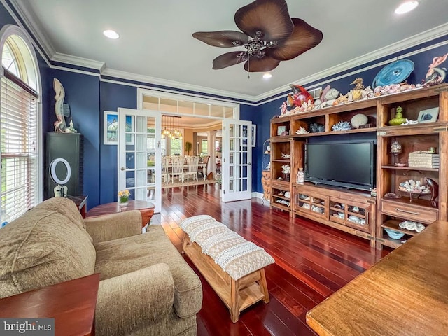 414 Saint James Ct, Langhorne, PA 19047 - living room with french doors, ornamental molding, hardwood / wood-style floors, healthy amount of natural light, and a chandelier