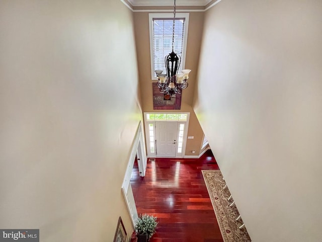 414 Saint James Ct, Langhorne, PA 19047 - stairs featuring a chandelier, a high ceiling, wood finished floors, crown molding, and baseboards