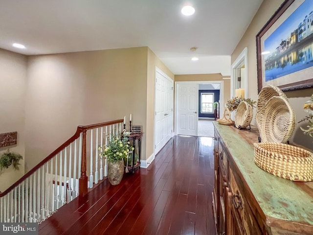 414 Saint James Ct, Langhorne, PA 19047 - hallway featuring dark wood-style floors, recessed lighting, baseboards, and an upstairs landing