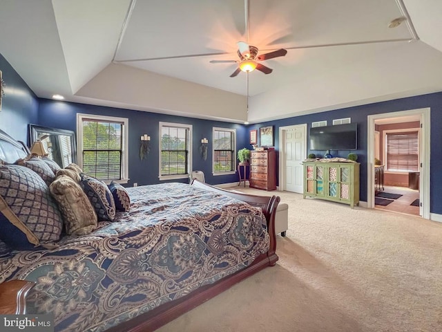 414 Saint James Ct, Langhorne, PA 19047 - carpeted bedroom with a raised ceiling, lofted ceiling, ensuite bath, a ceiling fan, and baseboards
