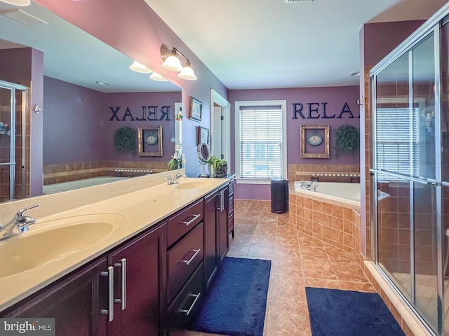 414 Saint James Ct, Langhorne, PA 19047 - full bathroom featuring a garden tub, double vanity, tile patterned floors, and a stall shower