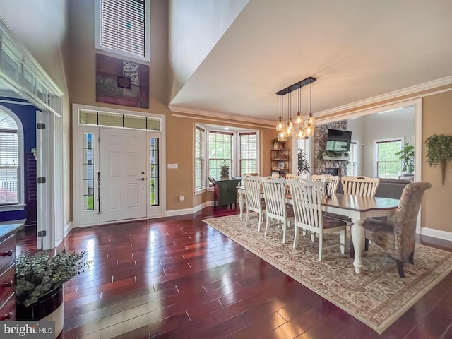 414 Saint James Ct, Langhorne, PA 19047 - dining area featuring baseboards, ornamental molding, dark wood finished floors, and a chandelier