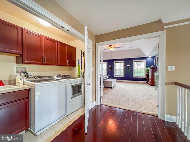 414 Saint James Ct, Langhorne, PA 19047 - laundry room featuring washing machine and dryer, dark wood-style flooring, a ceiling fan, cabinet space, and baseboards