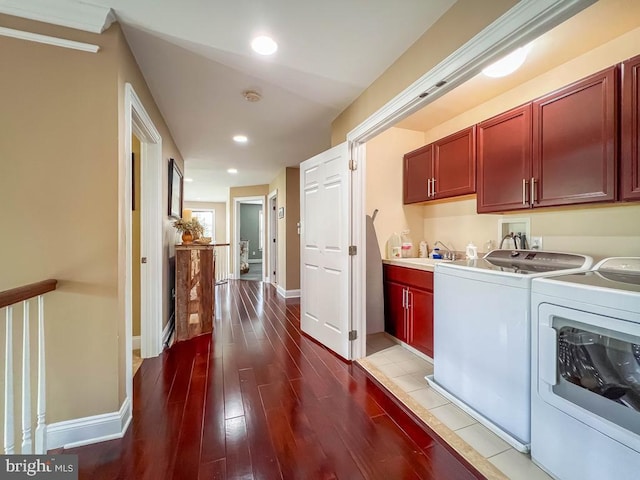 414 Saint James Ct, Langhorne, PA 19047 - washroom featuring cabinet space, washing machine and clothes dryer, light wood-type flooring, baseboards, and recessed lighting