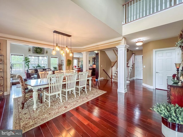 414 Saint James Ct, Langhorne, PA 19047 - dining area with ornate columns, wood-type flooring, stairs, and crown molding
