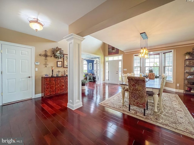 414 Saint James Ct, Langhorne, PA 19047 - dining space featuring ornate columns, baseboards, hardwood / wood-style floors, and a chandelier