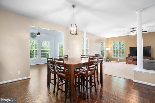 5194 Longbow Rd, King George, VA 22485 - dining space featuring a ceiling fan, decorative columns, hardwood / wood-style flooring, and baseboards
