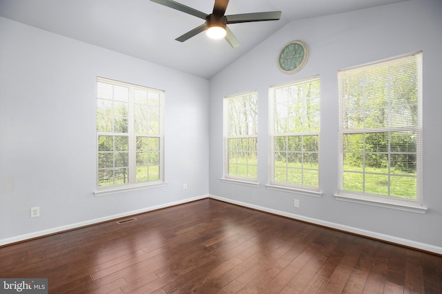 5194 Longbow Rd, King George, VA 22485 - unfurnished room featuring ceiling fan, healthy amount of natural light, lofted ceiling, and dark wood-type flooring