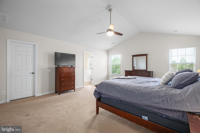 5194 Longbow Rd, King George, VA 22485 - carpeted bedroom featuring lofted ceiling, baseboards, a ceiling fan, and connected bathroom