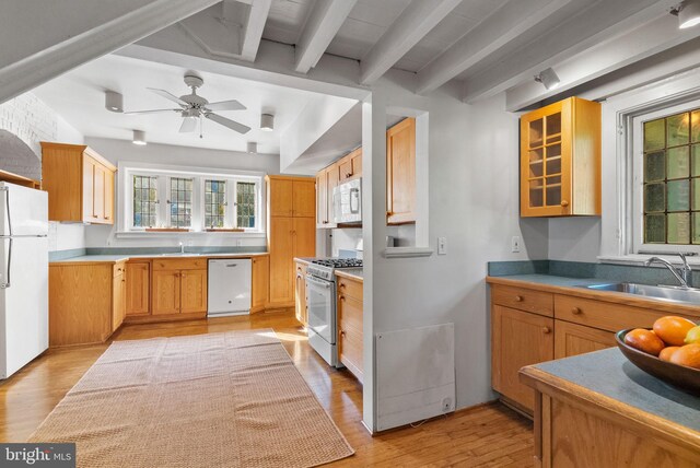 8515 Seminole St, Philadelphia, PA 19118 - kitchen featuring white appliances, a sink, beam ceiling, light wood-style flooring, and glass insert cabinets
