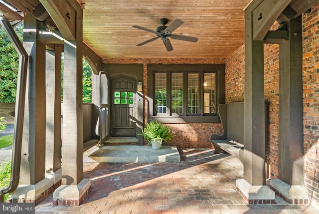 8515 Seminole St, Philadelphia, PA 19118 - view of exterior entry with covered porch, ceiling fan, and brick siding