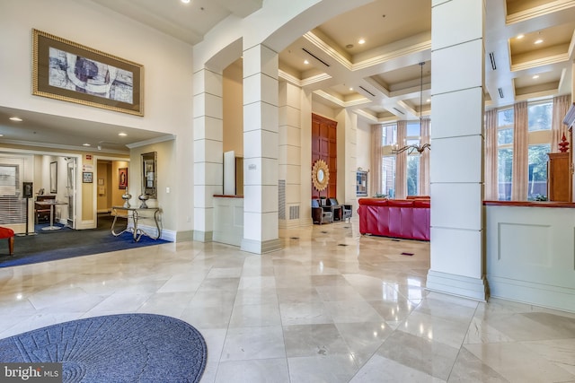 9486 Virginia Center Blvd Unit 316, Vienna, VA 22181 - common area with a towering ceiling, crown molding, coffered ceiling, and recessed lighting