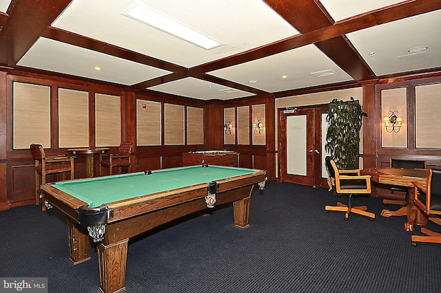 9486 Virginia Center Blvd Unit 316, Vienna, VA 22181 - rec room with carpet floors, a decorative wall, billiards, beamed ceiling, and french doors