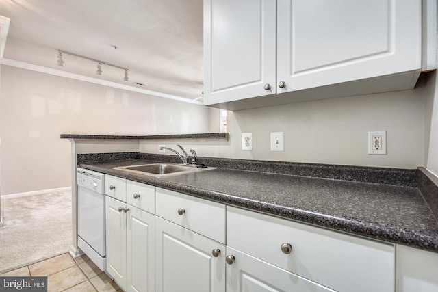 9486 Virginia Center Blvd Unit 316, Vienna, VA 22181 - kitchen featuring a sink, dishwasher, light colored carpet, dark countertops, and white cabinets