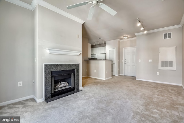 9486 Virginia Center Blvd Unit 316, Vienna, VA 22181 - unfurnished living room with crown molding, light carpet, ceiling fan, track lighting, and a fireplace with flush hearth