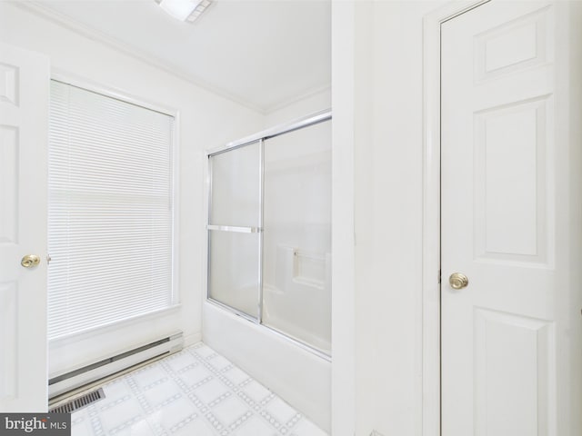 423 W Market St, Georgetown, DE 19947 - full bathroom with combined bath / shower with glass door, ornamental molding, a baseboard heating unit, and tile patterned floors