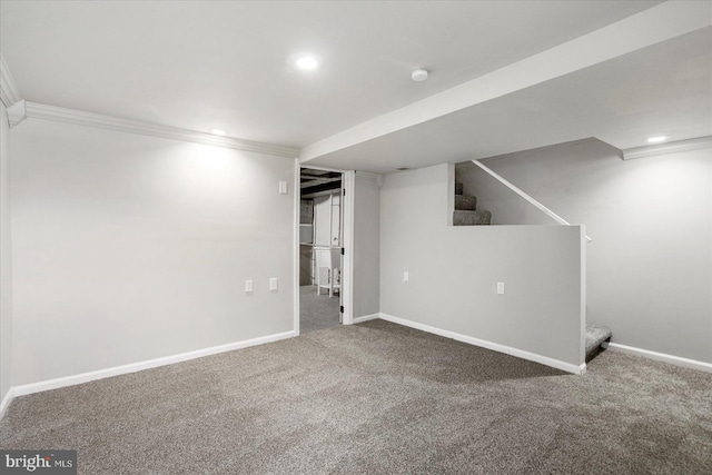 7509 Durwood Rd, Baltimore, MD 21222 - finished basement featuring ornamental molding, stairway, carpet floors, baseboards, and recessed lighting