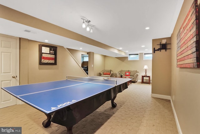 6034 Burnside Landing Dr, Burke, VA 22015 - rec room with light colored carpet, baseboards, and recessed lighting