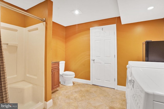 6034 Burnside Landing Dr, Burke, VA 22015 - full bathroom with washing machine and dryer, a shower, toilet, baseboards, and recessed lighting