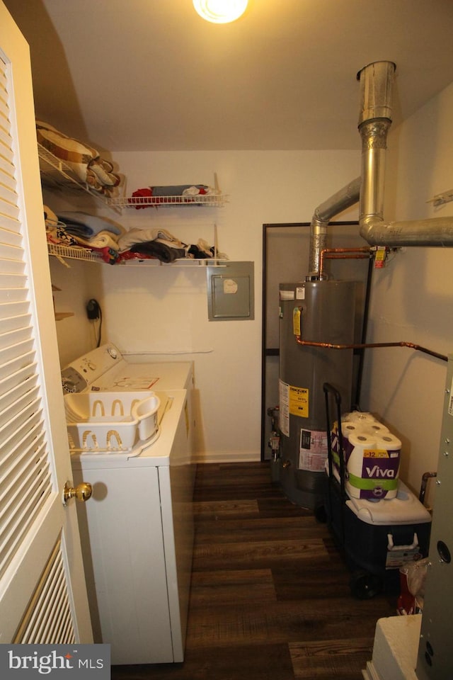29 Huber Ct, Hightstown, NJ 08520 - laundry room featuring water heater, separate washer and dryer, dark wood finished floors, and electric panel