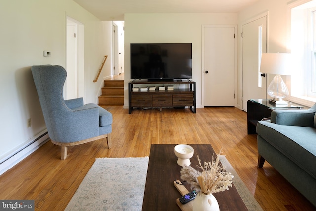 1581 W Branch Rd, State College, PA 16801 - living room featuring a baseboard heating unit, wood finished floors, and stairway