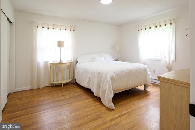 1581 W Branch Rd, State College, PA 16801 - bedroom featuring a baseboard radiator, light wood-style flooring, baseboards, and a closet