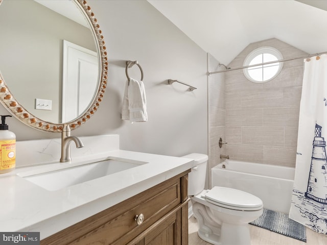215 S Virginia St, Strasburg, VA 22657 - full bathroom with vanity, lofted ceiling, toilet, shower / tub combo with curtain, and tile patterned flooring