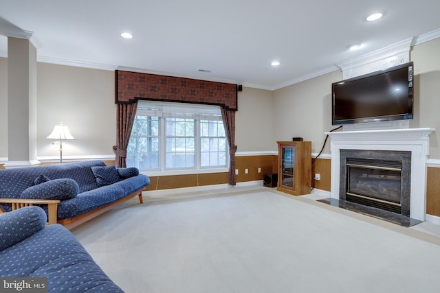 9370 Colbert Ct, Fairfax, VA 22032 - living area featuring ornamental molding, a premium fireplace, recessed lighting, and carpet flooring
