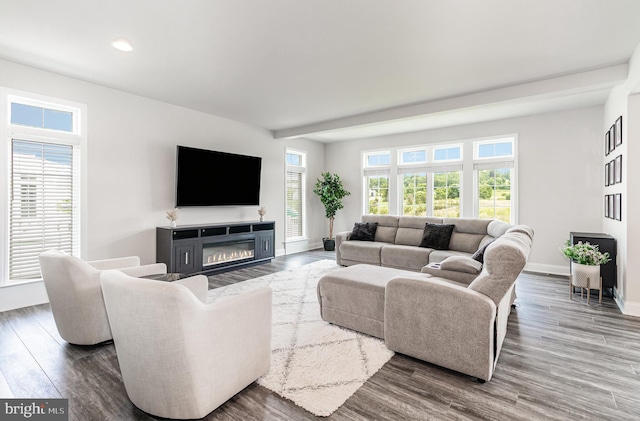 220 Moorefield St, Mechanicsburg, PA 17055 - living area featuring dark wood-style floors, baseboards, recessed lighting, and a glass covered fireplace