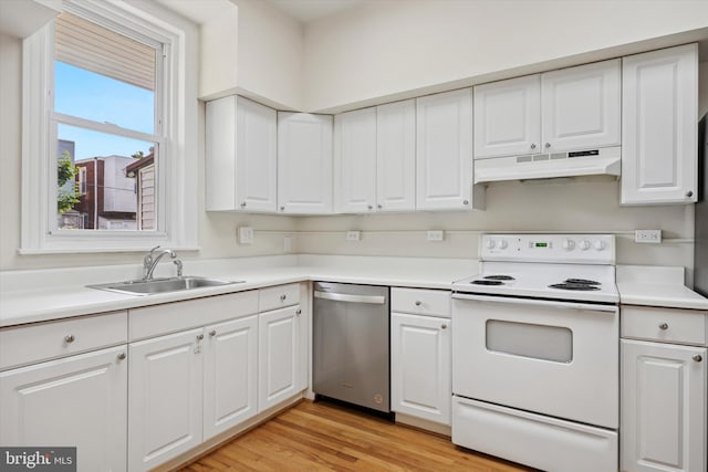 5324 Cedar Ave, Philadelphia, PA 19143 - kitchen with under cabinet range hood, electric range, dishwasher, a sink, and white cabinetry