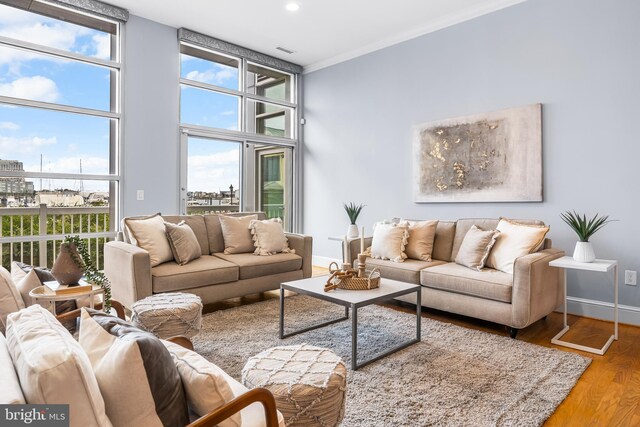 2772 Lighthouse Pt E Unit 101, Baltimore, MD 21224 - living room featuring wood finished floors, baseboards, ornamental molding, and recessed lighting
