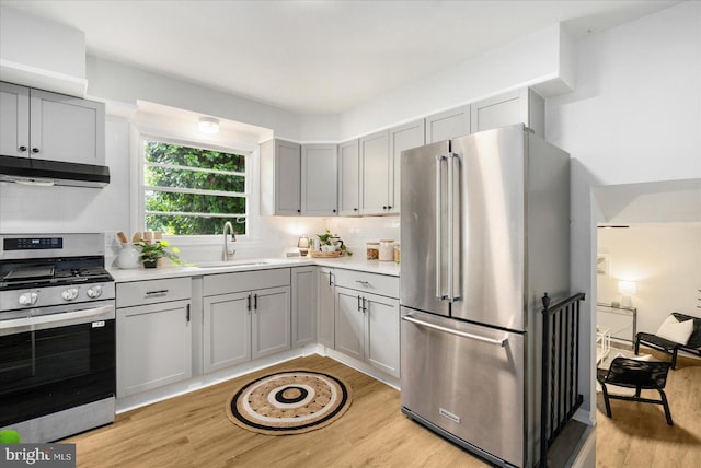 8511 Valleyfield Rd, Lutherville Timonium, MD 21093 - kitchen featuring stainless steel appliances, under cabinet range hood, a sink, and gray cabinetry