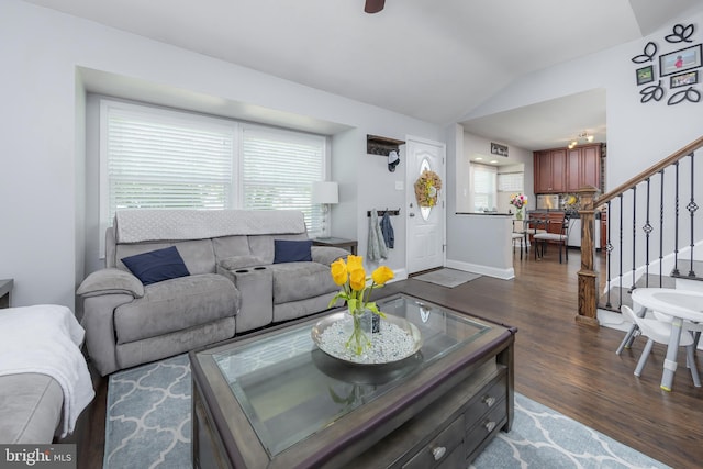 734 Shields, West Deptford, NJ 08096 - living room featuring vaulted ceiling, dark wood-type flooring, stairs, and baseboards