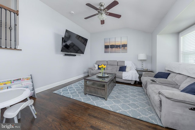 734 Shields, West Deptford, NJ 08096 - living area featuring vaulted ceiling, ceiling fan, wood finished floors, and baseboards