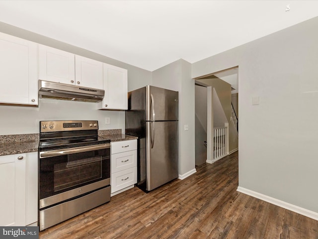 1851 Dulaney Ct, Frederick, MD 21702 - kitchen with under cabinet range hood, appliances with stainless steel finishes, white cabinetry, and dark wood-style floors