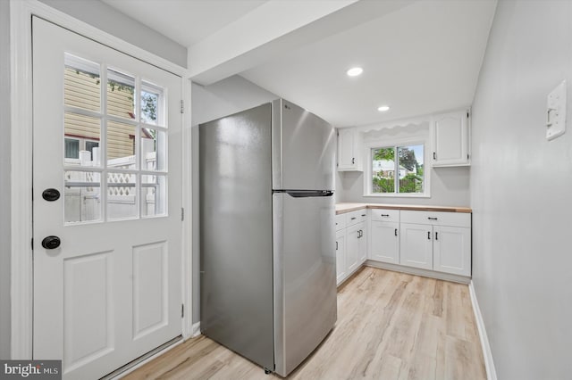 732 Thorndale Rd, Aldan, PA 19018 - kitchen featuring freestanding refrigerator, white cabinets, light wood-style floors, baseboards, and recessed lighting