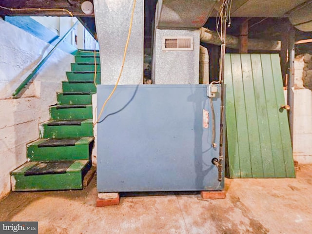 197 Coates Way, Fayette City, PA 15438 - unfinished basement with heating unit and stairway