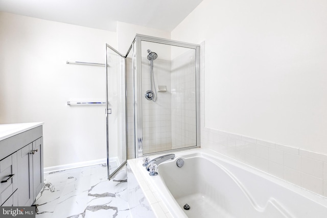 1915 Bulrush Ct, Odenton, MD 21113 - bathroom with a bath, a shower stall, vanity, and marble finish flooring
