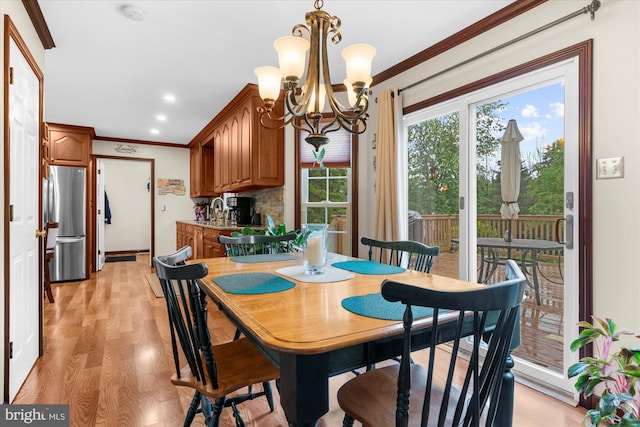 2332 Noel Cir, Pottstown, PA 19464 - dining room with ornamental molding, a chandelier, light wood-style floors, and recessed lighting