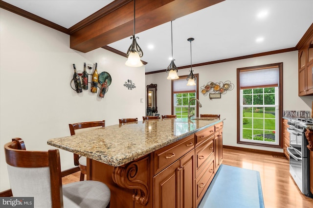 2332 Noel Cir, Pottstown, PA 19464 - kitchen with double oven range, a kitchen bar, ornamental molding, light wood finished floors, and light stone countertops