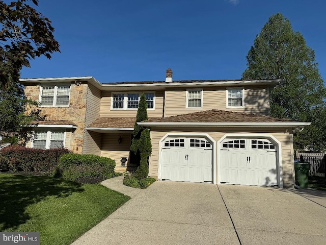 1041 Bobwhite Dr, Cherry Hill, NJ 08003 - view of front of home with driveway, a chimney, an attached garage, stone siding, and a front yard