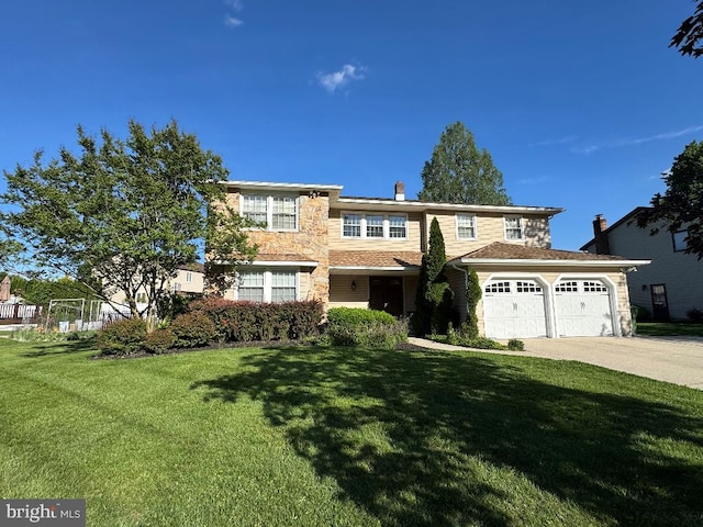 1041 Bobwhite Dr, Cherry Hill, NJ 08003 - view of front facade with stone siding, driveway, a front yard, a chimney, and a garage