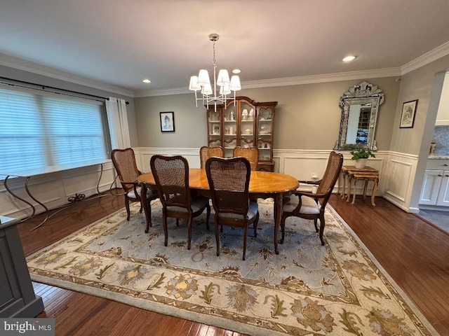 1041 Bobwhite Dr, Cherry Hill, NJ 08003 - dining space featuring crown molding, a chandelier, wood finished floors, wainscoting, and recessed lighting
