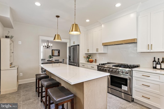 4405 Underwood Rd, Baltimore, MD 21218 - kitchen with high end appliances, a center island, tasteful backsplash, a kitchen breakfast bar, and white cabinetry