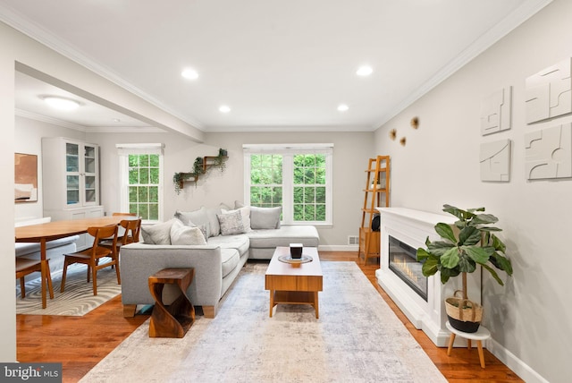2455 Alsop Ct, Reston, VA 20191 - living area featuring wood finished floors, baseboards, recessed lighting, a glass covered fireplace, and ornamental molding