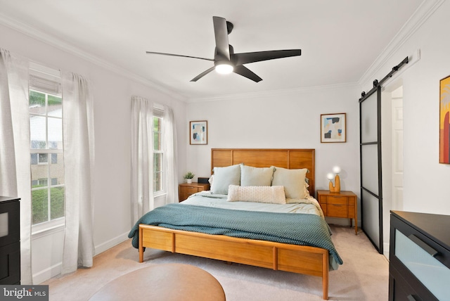 2455 Alsop Ct, Reston, VA 20191 - bedroom featuring a barn door, multiple windows, ornamental molding, and light carpet