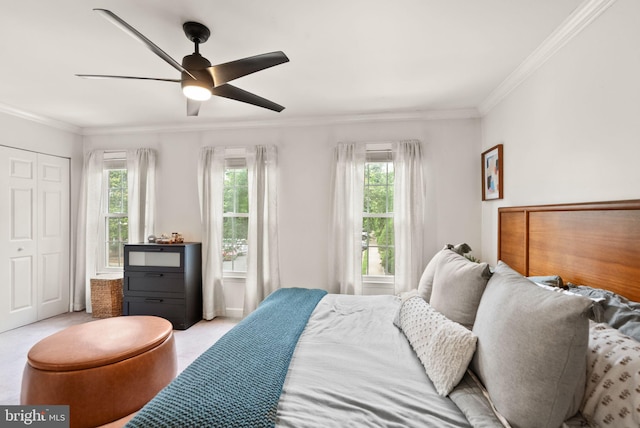 2455 Alsop Ct, Reston, VA 20191 - bedroom with multiple windows, ornamental molding, ceiling fan, a closet, and carpet floors