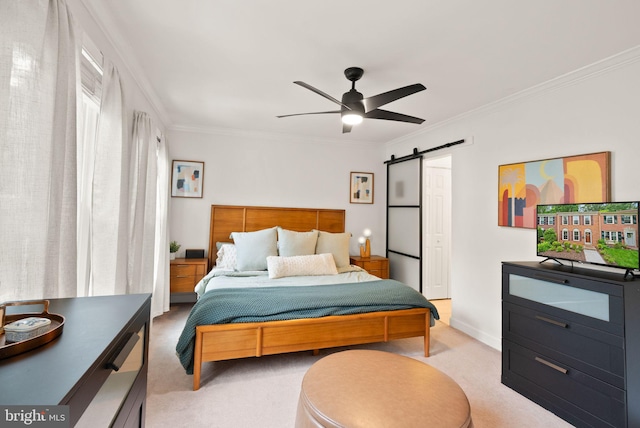 2455 Alsop Ct, Reston, VA 20191 - bedroom featuring a barn door, light carpet, ornamental molding, ceiling fan, and baseboards