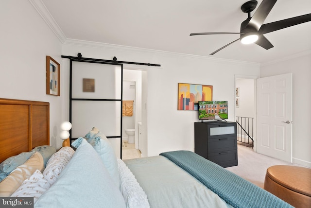 2455 Alsop Ct, Reston, VA 20191 - bedroom with ornamental molding, a barn door, light carpet, connected bathroom, and ceiling fan