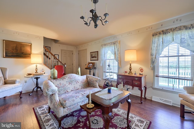 2 Kings Ct, Gordonville, PA 17529 - living room featuring stairs, wood-type flooring, a chandelier, and baseboards
